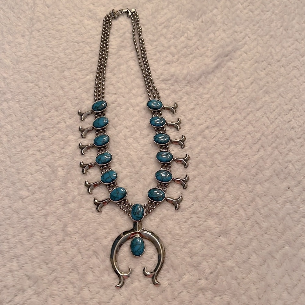 Vintage Goldette Squash Blossom Necklace Silver Tone Faux Turquoise Like New